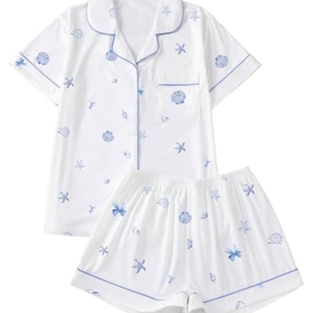Shell Print Button Down Pajama Set Cute Lounge Sl… - image 2